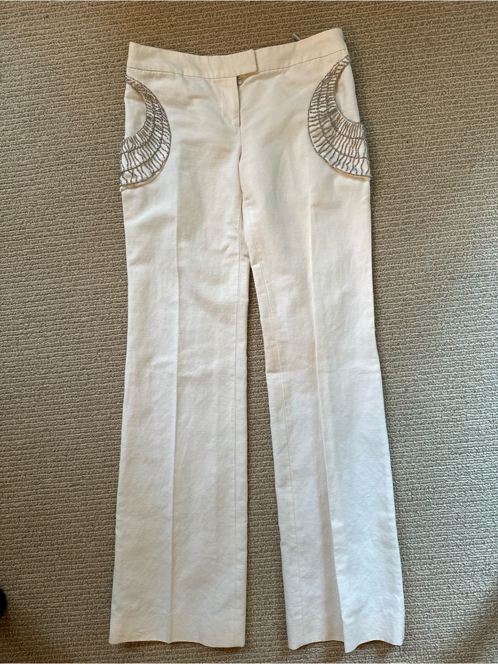 Stella McCartney Off-White Bootcut Trousers with Embroidered Crescent Pockets
